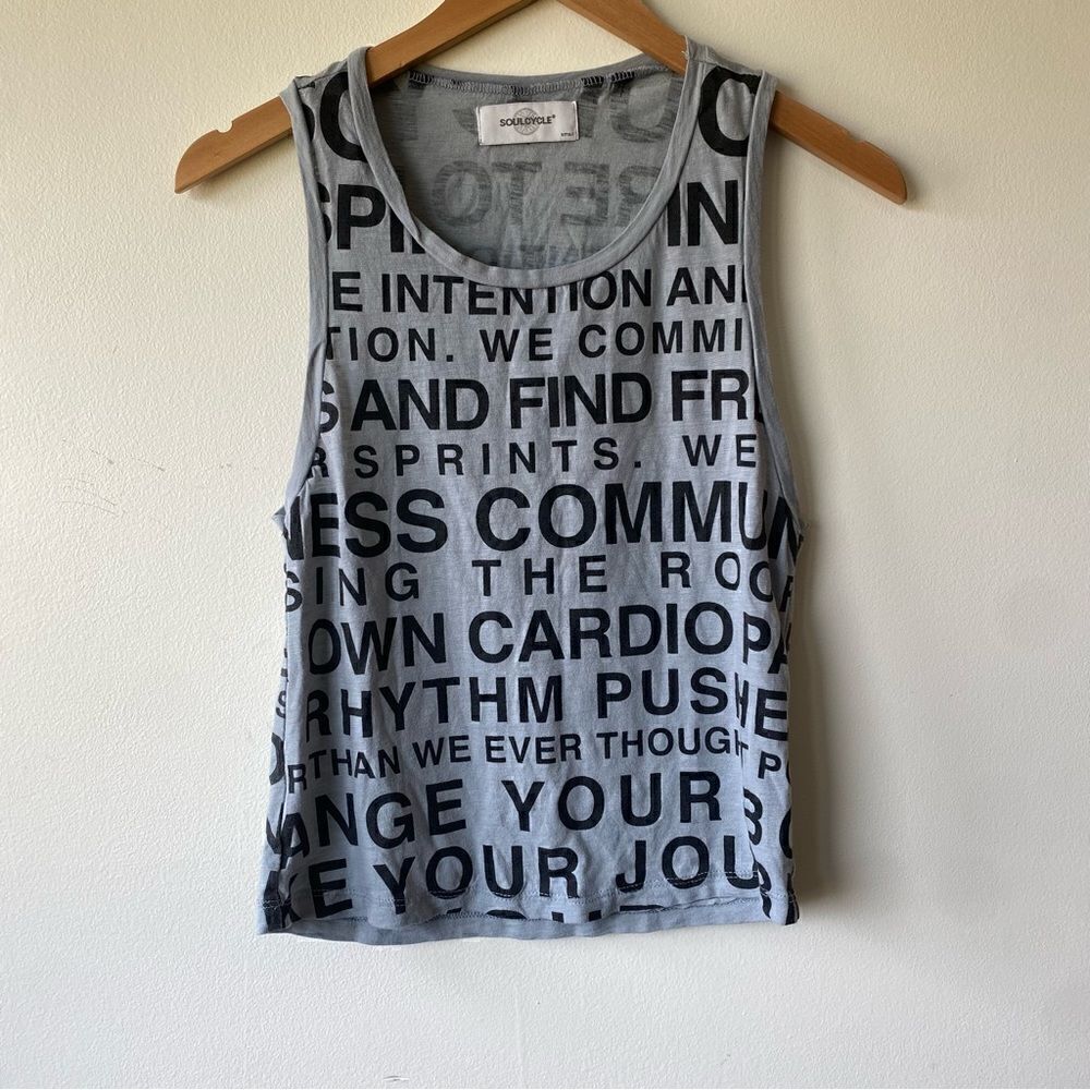 ‎Soulcycle gray mantra workout tank with allover writing size small